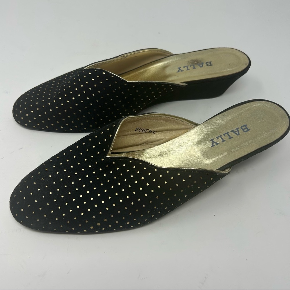 Bally Eugenie Black Suede Gold Dot Mules EU 41 / US 10.5–11